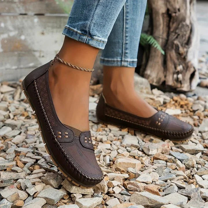 Loafers Perforated Slip On for Women with Breathable Upper and Flat Stable Sole